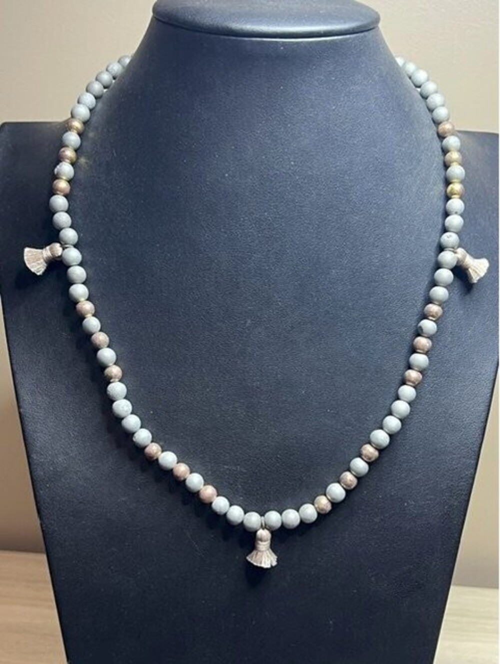 B7579 Beaded Matte Grey Stone & Bronze Mala Style Tassel Necklace Long 20"